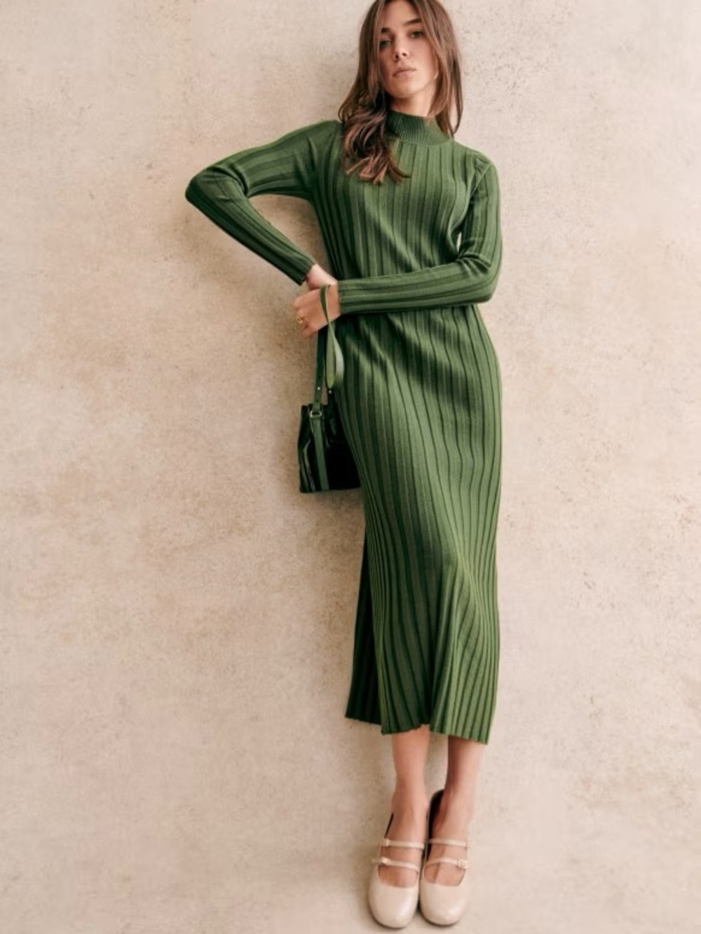 Sezane (2024) Merino Wool Dress in Olive Green